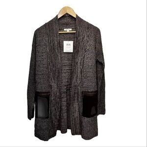 89th & Madison Knit Walnut Brown Long Cardigan Sweater Open Front Zip Pockets S